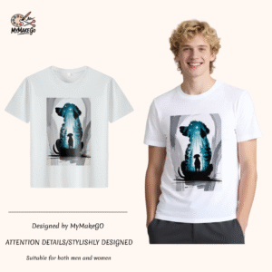 White tee with dog silhouette & forest - star print (Men & Women). - 2XL