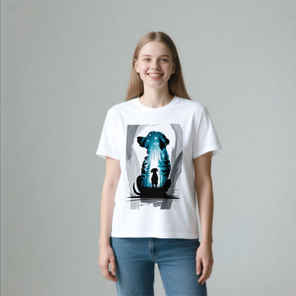 White tee with dog silhouette & forest - star print (Men & Women).