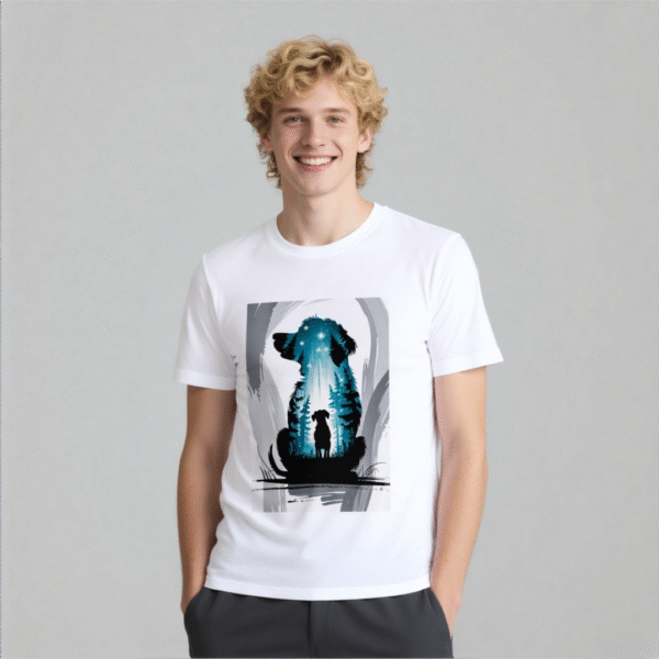 White tee with dog silhouette & forest - star print (Men & Women).