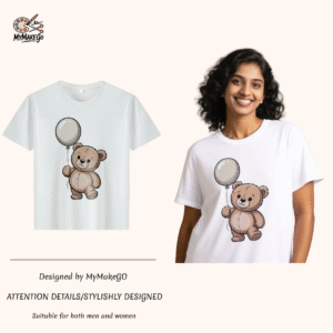 White tee with cute teddy bear & balloon print (Men & Women). - 3XL