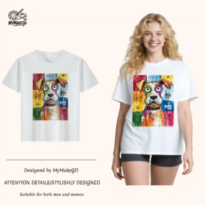 White tee with colorful abstract dog print (Men & Women). - XL