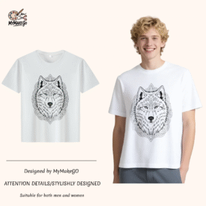 White tee with mandala - styled wolf head print (Men & Women). - 5XL