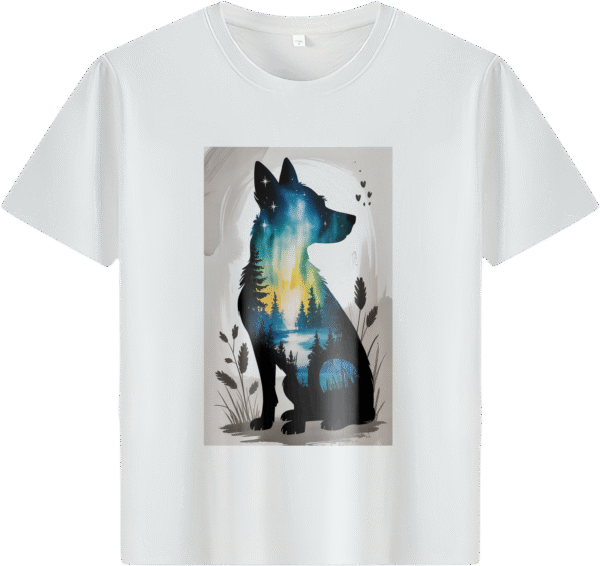 White tee with dog silhouette & nature - scene print (Men & Women).