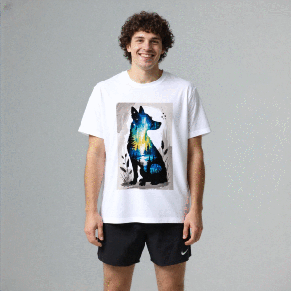 White tee with dog silhouette & nature - scene print (Men & Women).
