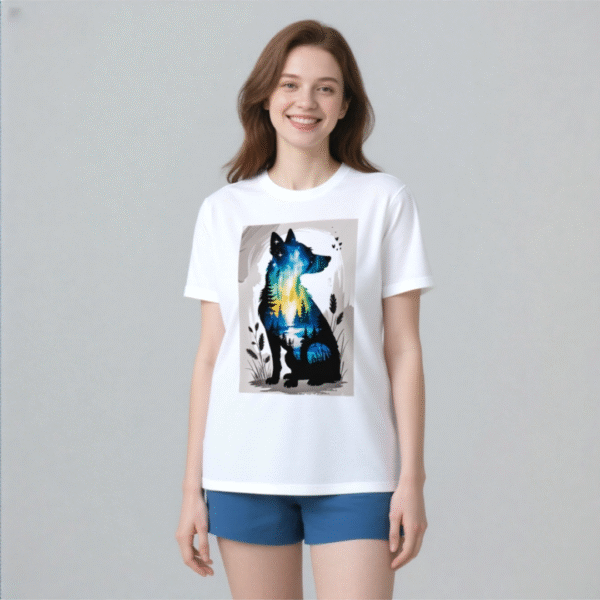 White tee with dog silhouette & nature - scene print (Men & Women).