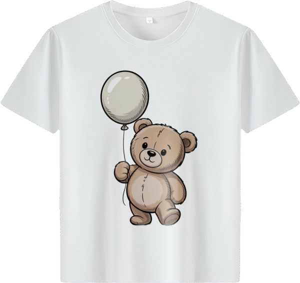 White tee with cute teddy bear & balloon print (Men & Women).