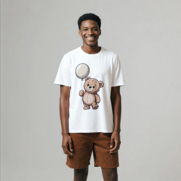 White tee with cute teddy bear & balloon print (Men & Women).