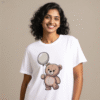 White tee with cute teddy bear & balloon print (Men & Women).