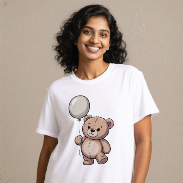 White tee with cute teddy bear & balloon print (Men & Women).