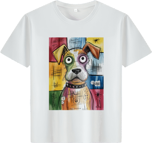 White tee with colorful abstract dog print (Men & Women).