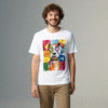 White tee with colorful abstract dog print (Men & Women).