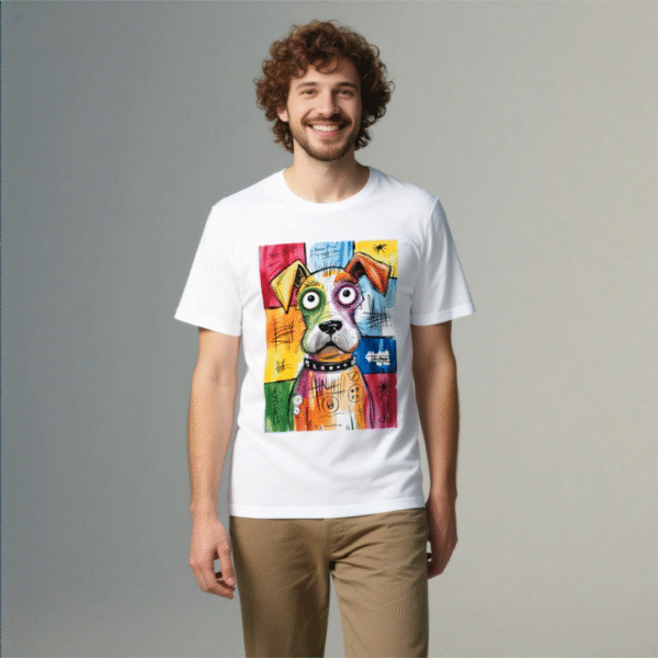 White tee with colorful abstract dog print (Men & Women).