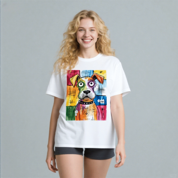 White tee with colorful abstract dog print (Men & Women).