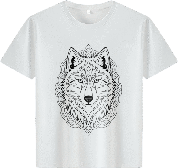 White tee with mandala - styled wolf head print (Men & Women).