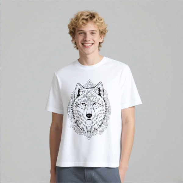 White tee with mandala - styled wolf head print (Men & Women).