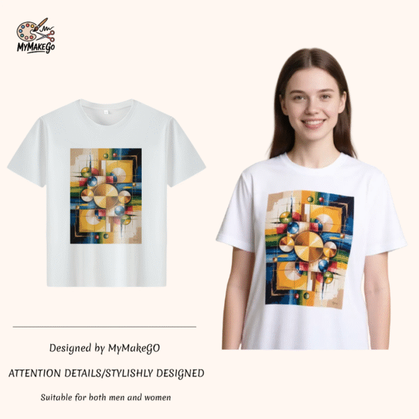 White tee with colorful abstract geometric print (Men & Women).