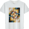 White tee with colorful abstract geometric print (Men & Women).