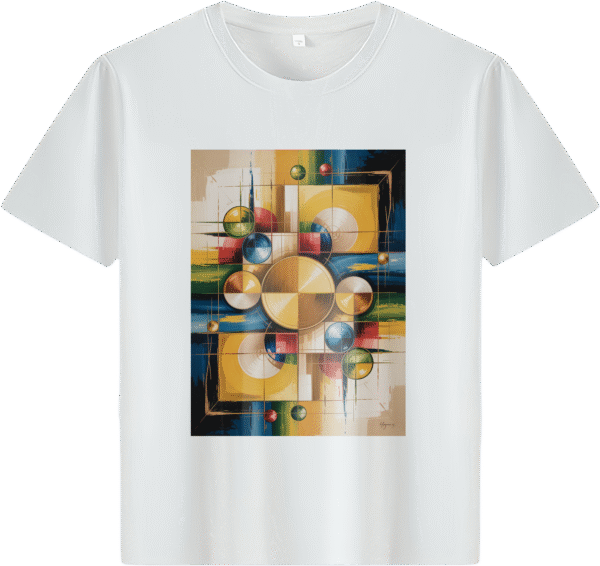 White tee with colorful abstract geometric print (Men & Women).