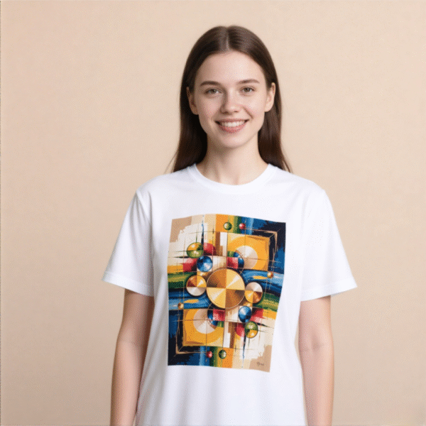 White tee with colorful abstract geometric print (Men & Women).