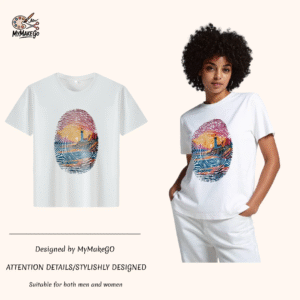 White tee with fingerprint - shaped lighthouse scene print (Men & Women). - 3XL