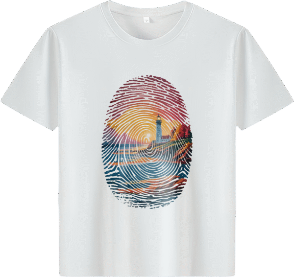 White tee with fingerprint - shaped lighthouse scene print (Men & Women).