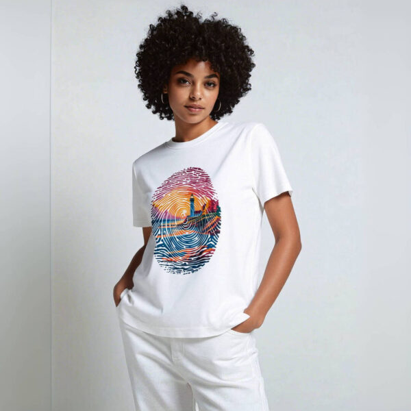 White tee with fingerprint - shaped lighthouse scene print (Men & Women).