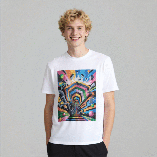 White tee with colorful 3D - tunnel abstract print (Men & Women).