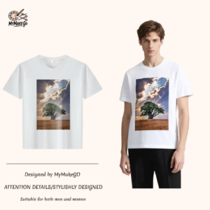 White tee with lone tree & field landscape print (Men & Women). - M