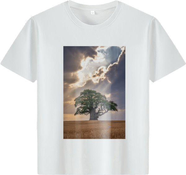 White tee with lone tree & field landscape print (Men & Women).
