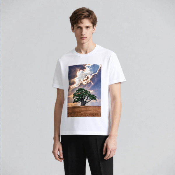 White tee with lone tree & field landscape print (Men & Women).