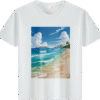 White tee with tropical beach landscape print (Men & Women).