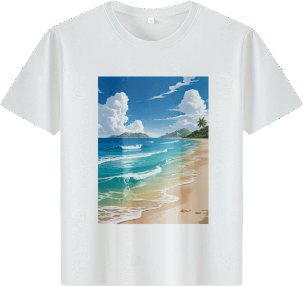 White tee with tropical beach landscape print (Men & Women).