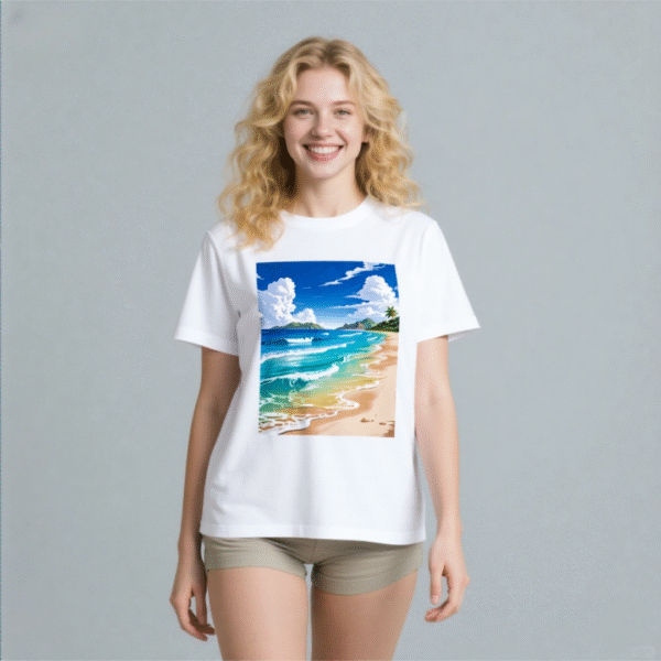 White tee with tropical beach landscape print (Men & Women).