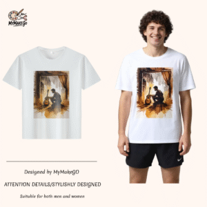 White tee with a man and guitar watercolor print (Men & Women).