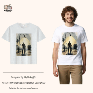White tee with man - bike silhouette under streetlight print (Men & Women).