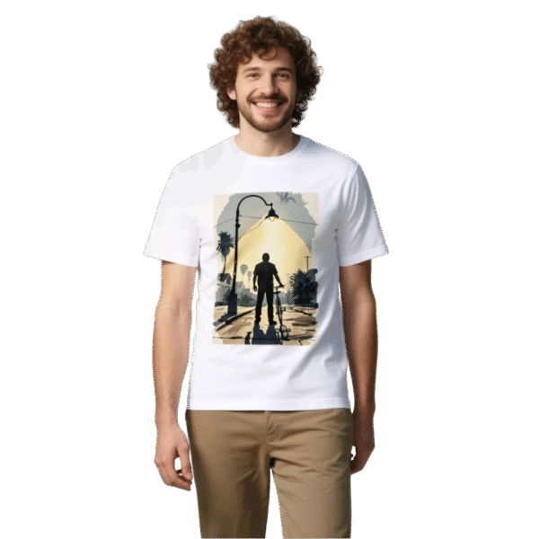 White tee with man - bike silhouette under streetlight print (Men & Women).
