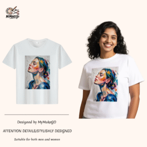 White tee with vibrant woman's portrait painting print (Men & Women). - L