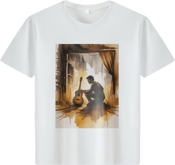 White tee with a man and guitar watercolor print (Men & Women).