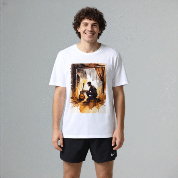 White tee with a man and guitar watercolor print (Men & Women).