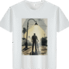 White tee with man - bike silhouette under streetlight print (Men & Women).
