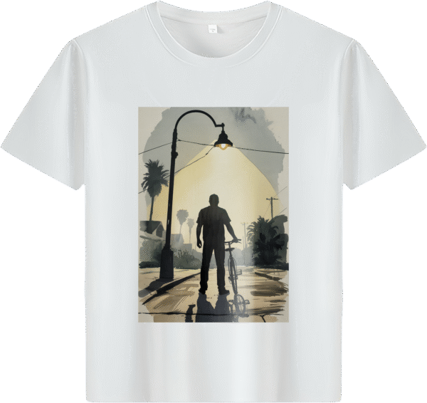 White tee with man - bike silhouette under streetlight print (Men & Women).