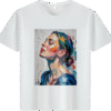 White tee with vibrant woman's portrait painting print (Men & Women).