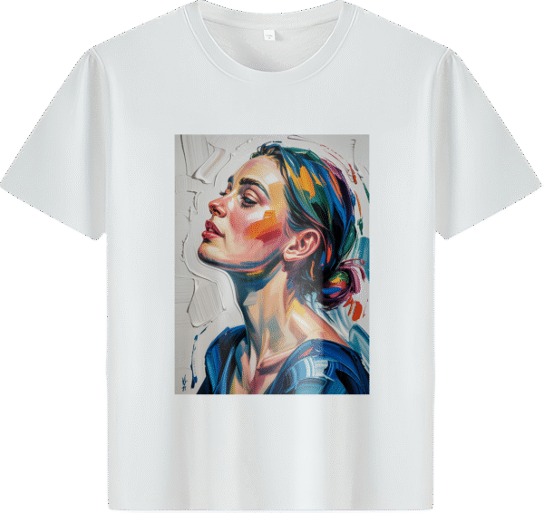 White tee with vibrant woman's portrait painting print (Men & Women).