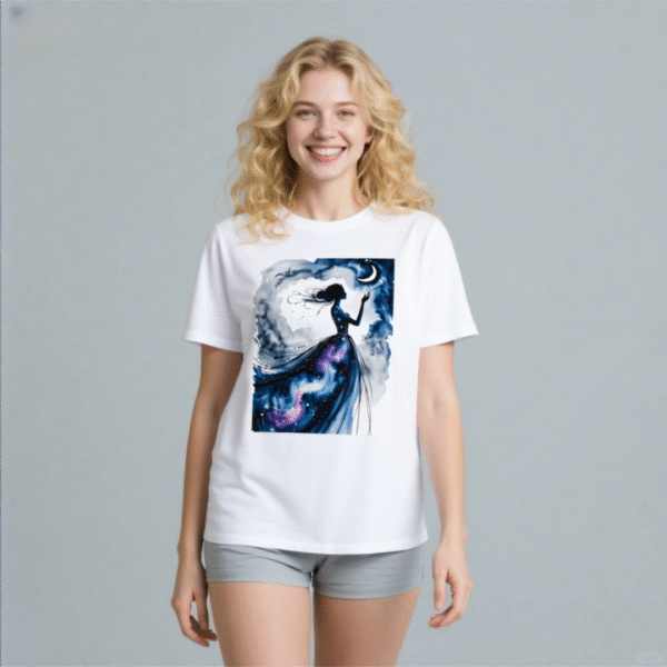 White tee with starry - dress woman & moon watercolor print (Men & Women).